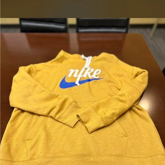 Nike Men's Mustard Hoodie with Blue Logo - Picture 2 of 3